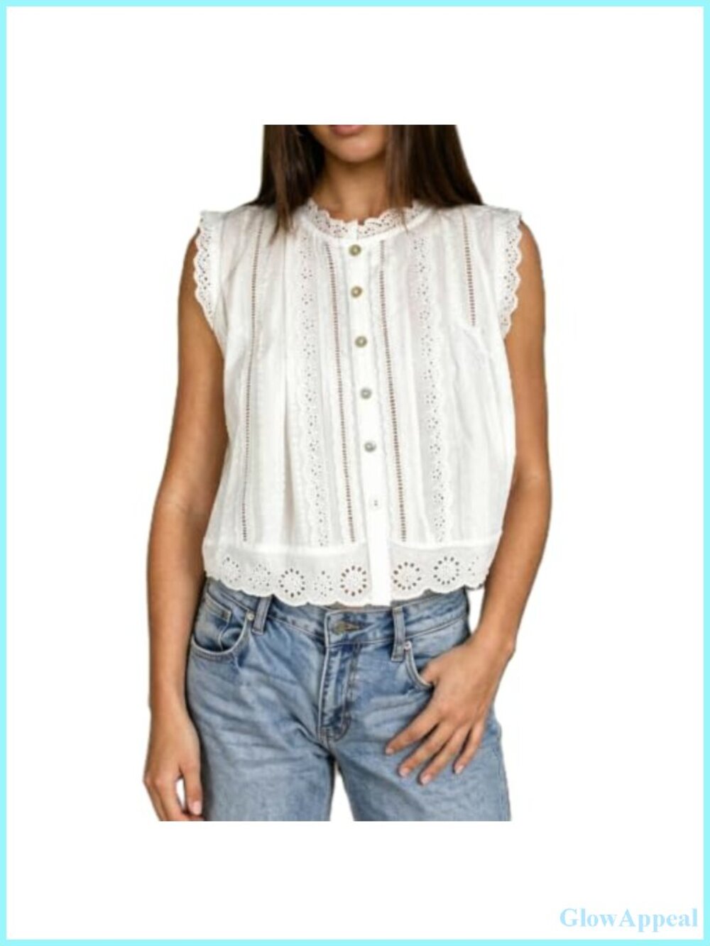 Semi Sheer Eyelet Embroidery Sleeveless Button Down Cropped Blouse Lace Trim